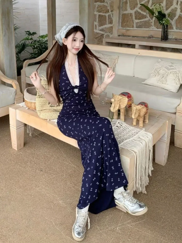 NUOMICI French Lace Splicing Floral 2025 Summer Dress Halter Neck Sleeveless  Waist Slimming Temperament Women Long Dress Beach