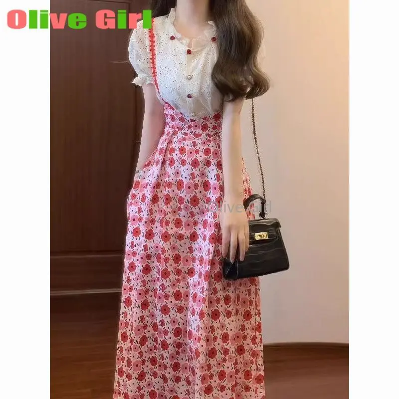 

Рубашка во французском стиле, белые рукава-пузырьки, темпераментные подтяжки с цветочным принтом, короткая юбка, летний комплект из двух предметов, женская одежда