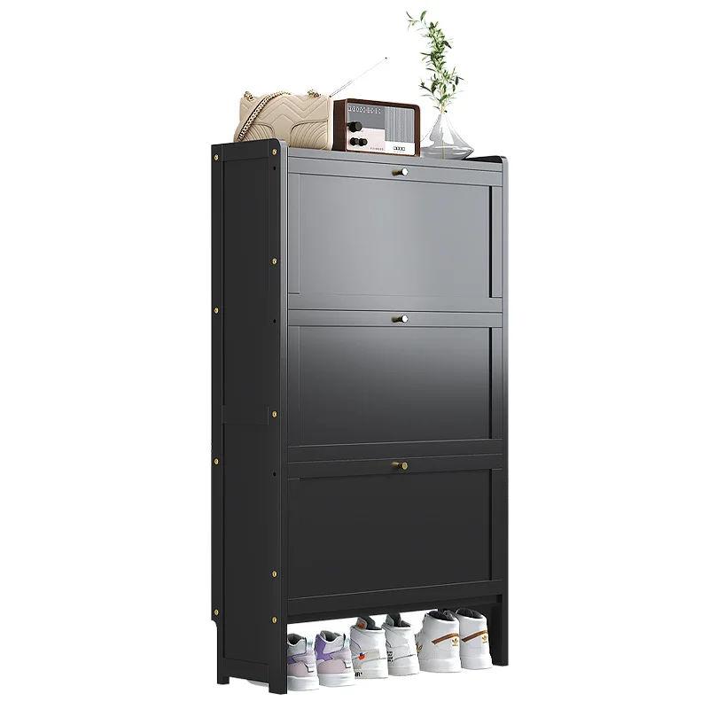 Ultra thin multi-layer bamboo and wood shoe cabinet, dust-proof narrow shoe cabinet, wall mounted flip shoe storage cabinet image 5