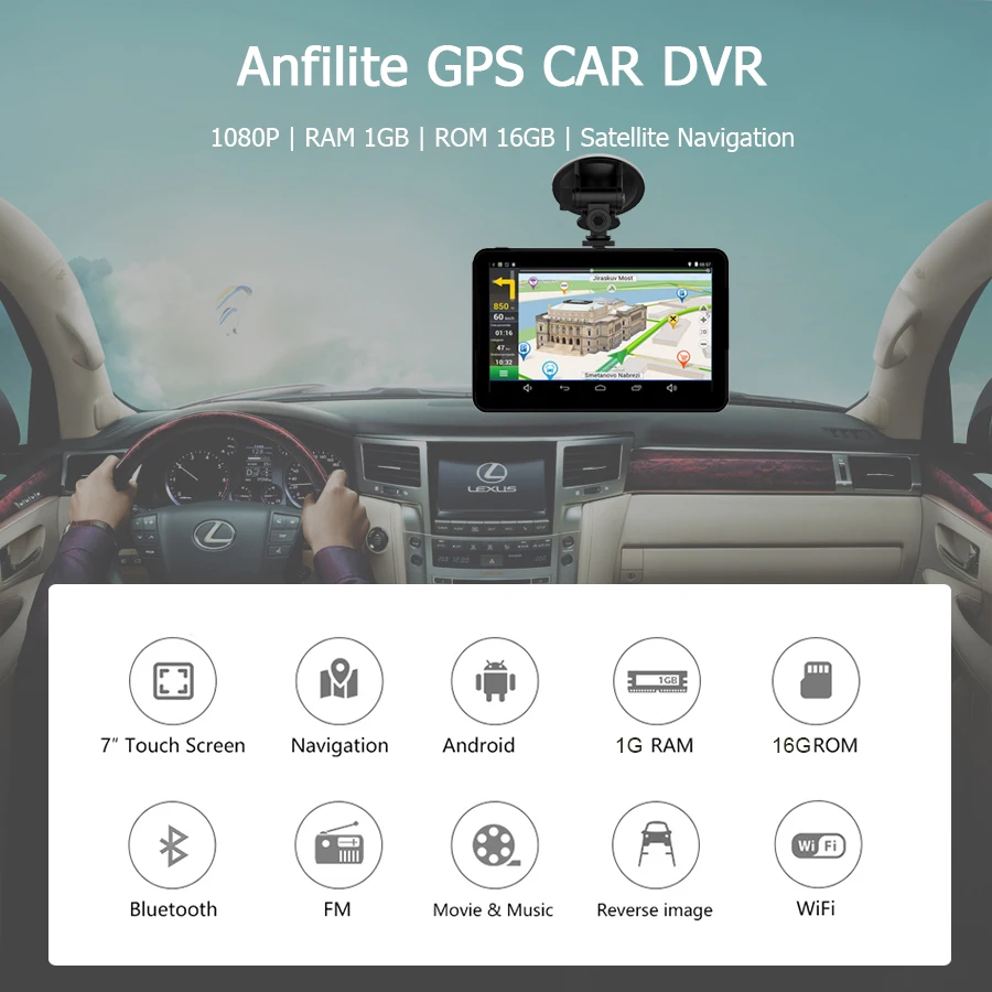 7'' GPS Car Sat Nav Navigation Navigator with Free Maps Touch Screen 16GB ROM Support FM Radio MP3 MP4  Player