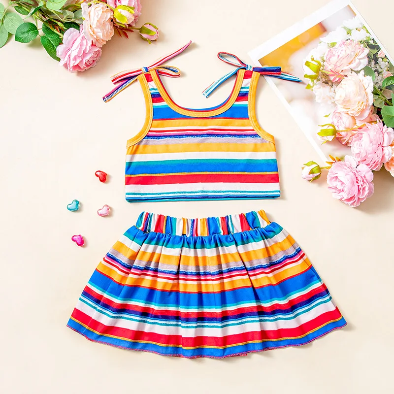 Conjunto de vestido de verão para meninas elegante e fofo colorido listrado camisola colete saia2conjunto