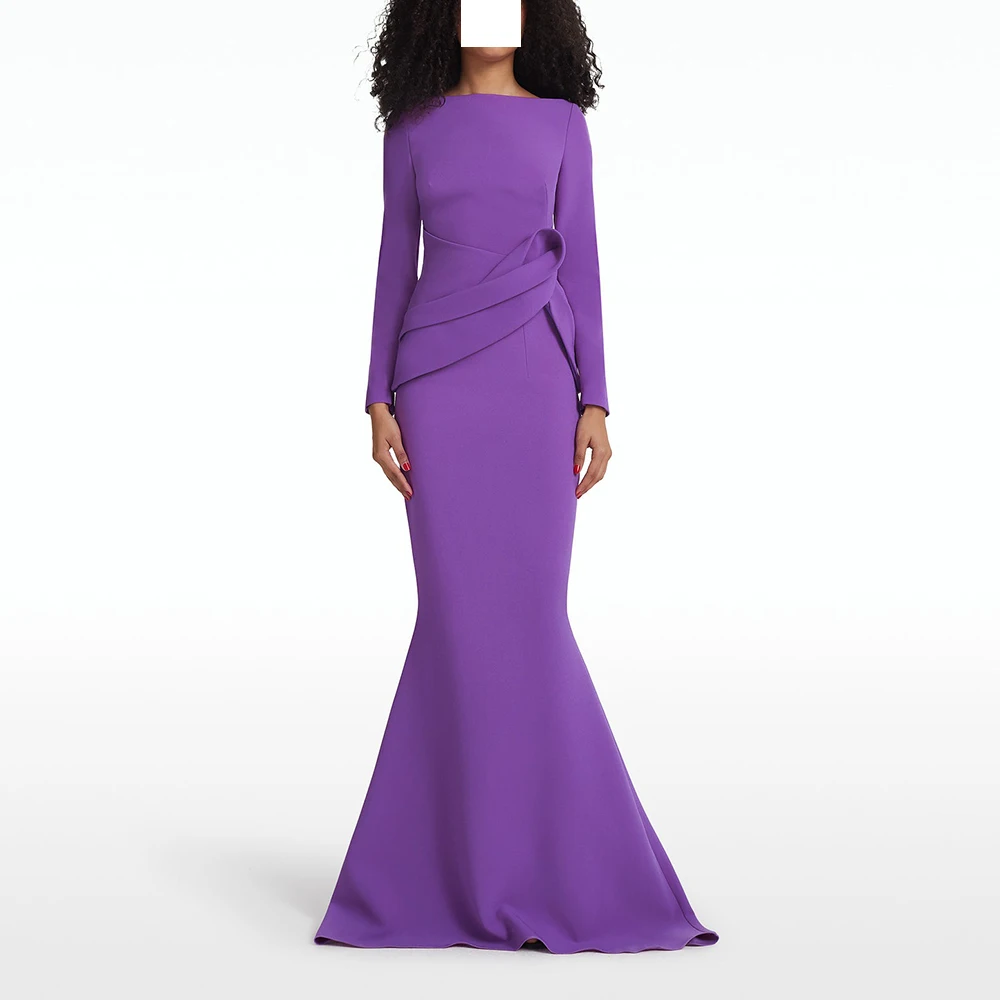 

Customized Classic Mermaid Crew Neck Jersey Long Sleeves Evening Dress Temperament Pleats Zipper Back Purple Vestido De Noche