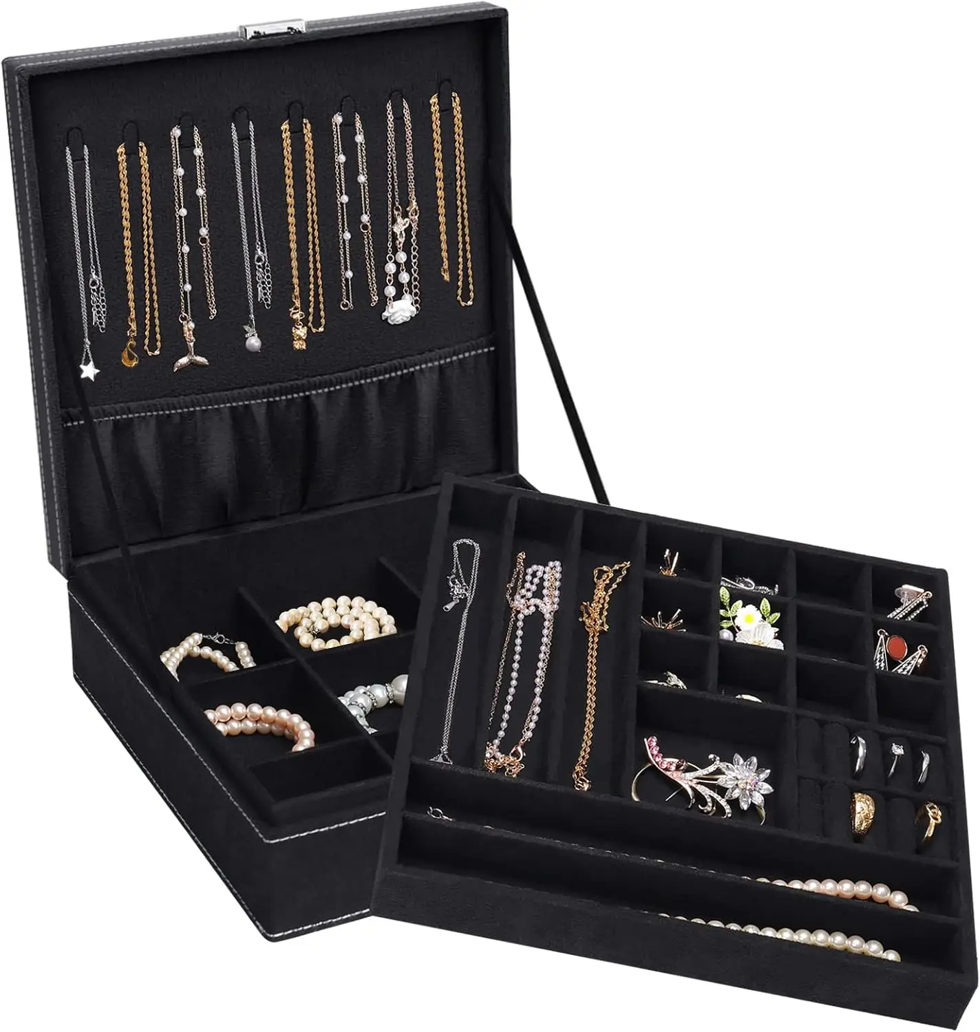 

Jewelry Box, Jewelry Storage Case Organizer Stackable Double Layer Lockable Display for Women Velvet Necklace Earring Br