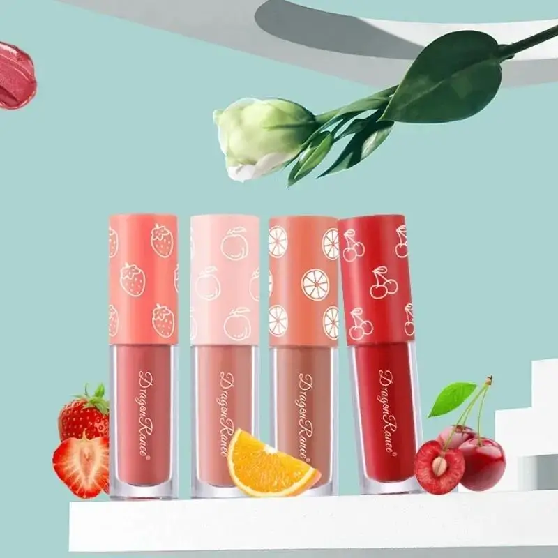 4 ชิ้น Mini Velvet Matte Lip Gloss Set ยาวนานไม่ซีดจางผลไม้กลิ่นหอม Lip Tint Smooth น้ําหนักเบา Non Stick