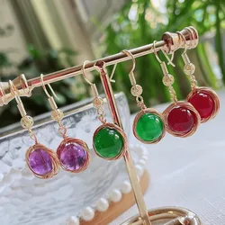 Wire Wrapped Round Natural Crystal Stone Earrings for Women Pearl Charm Tassel Amethysts Red Green Agates Crystal Dangle Earring