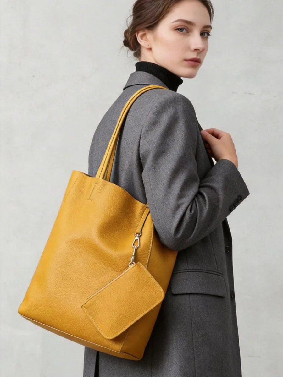 Genuine Leather Women Bag Simple Full-Grain Leather Niche Design Large Capacity Tote Bag New Senior Sense Commuter Shoulder Bag