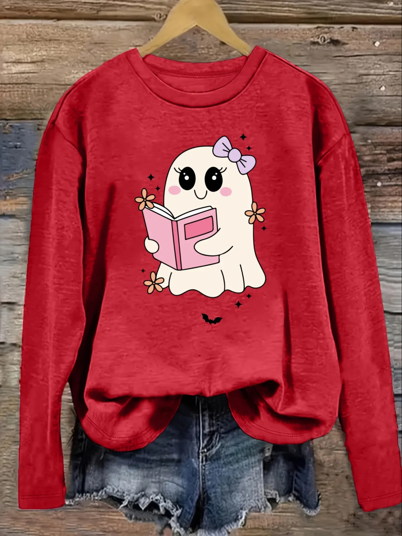 Women's Casual Long Sleeve Crew Neck T-Shirt Cute Ghost Reading Pink Book Design, Round Neck Women's Clothing, Machine Washable, Slightly Elastic, Loose Fit, Spring Autumn Winter Women's T-Shirt, Halloween Costume Outfit view 4