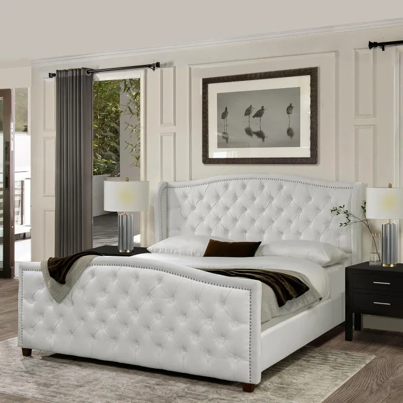 Taylor Home Marcella Upholstered Shelter Headboard Bed Set, King, Bright White Polyester