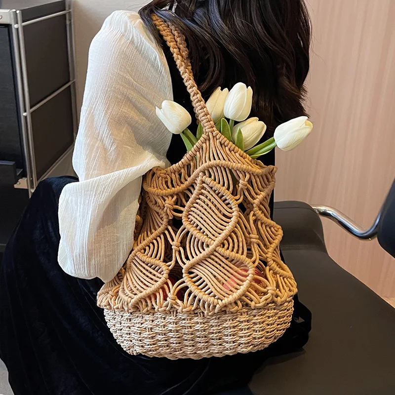 2024 Summer Big Straw Bags for Women Tote Bags Beach Bags Woven Handbags Travel Shopper Casual Resort Style Shoulder