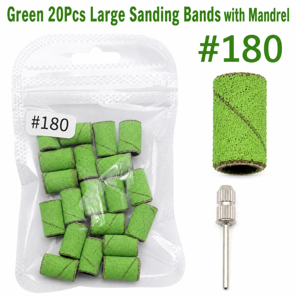 20Pcs Green Large Sanding Bands with Mandrel Nail Drill Sanding Sleeves for Acrylic Gel Polish Removal Manicure And Pedicure