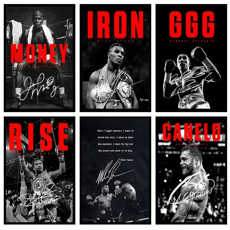 Boxing Legends Canvas Art  Inspirational Black  White Poster with Canelo Tyson Floyd for Wall Decor