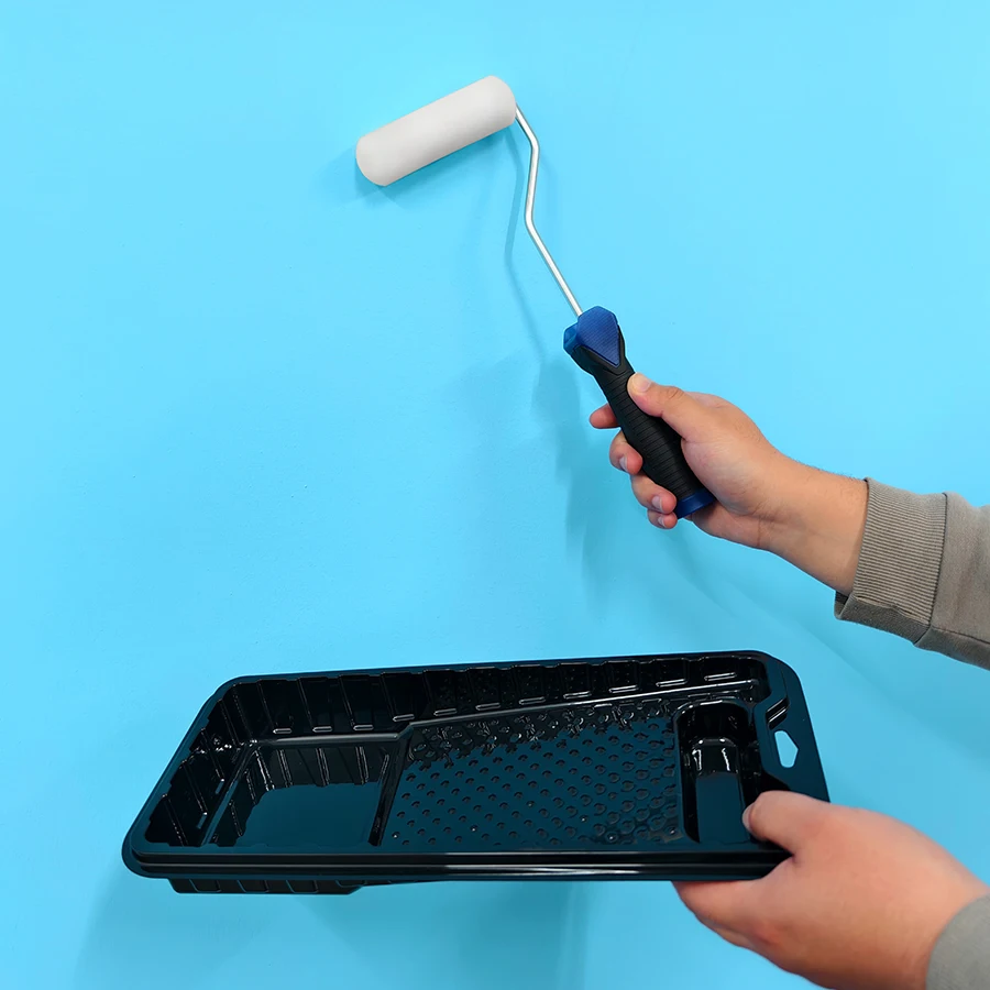 3-piece mini roller set includes 4" PET paint tray; 4" stick mini roller stand with 6mm shaft; 4" high-density roller foam