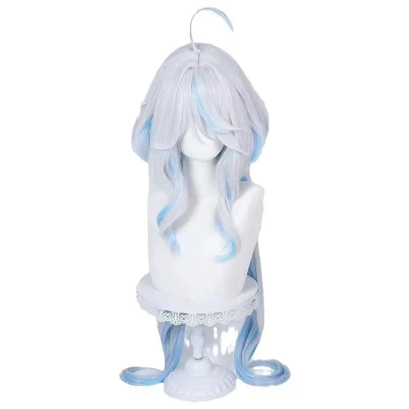 고품질 Focalors 합성 가발 Anime Fontaine Furina 100cm 화이트 블루 Cruly 코스프레 애니메이션 가발 내열성 헤어 + 가발 모자