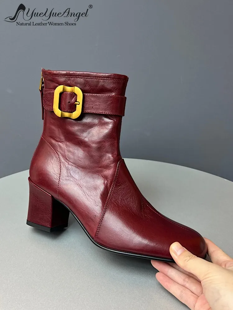 Womens Height Increase Comfortable Short Cowhide Genuine Leather Buckle Ankle Boots Fashion Ladies Square Toe Footwear Handmade
