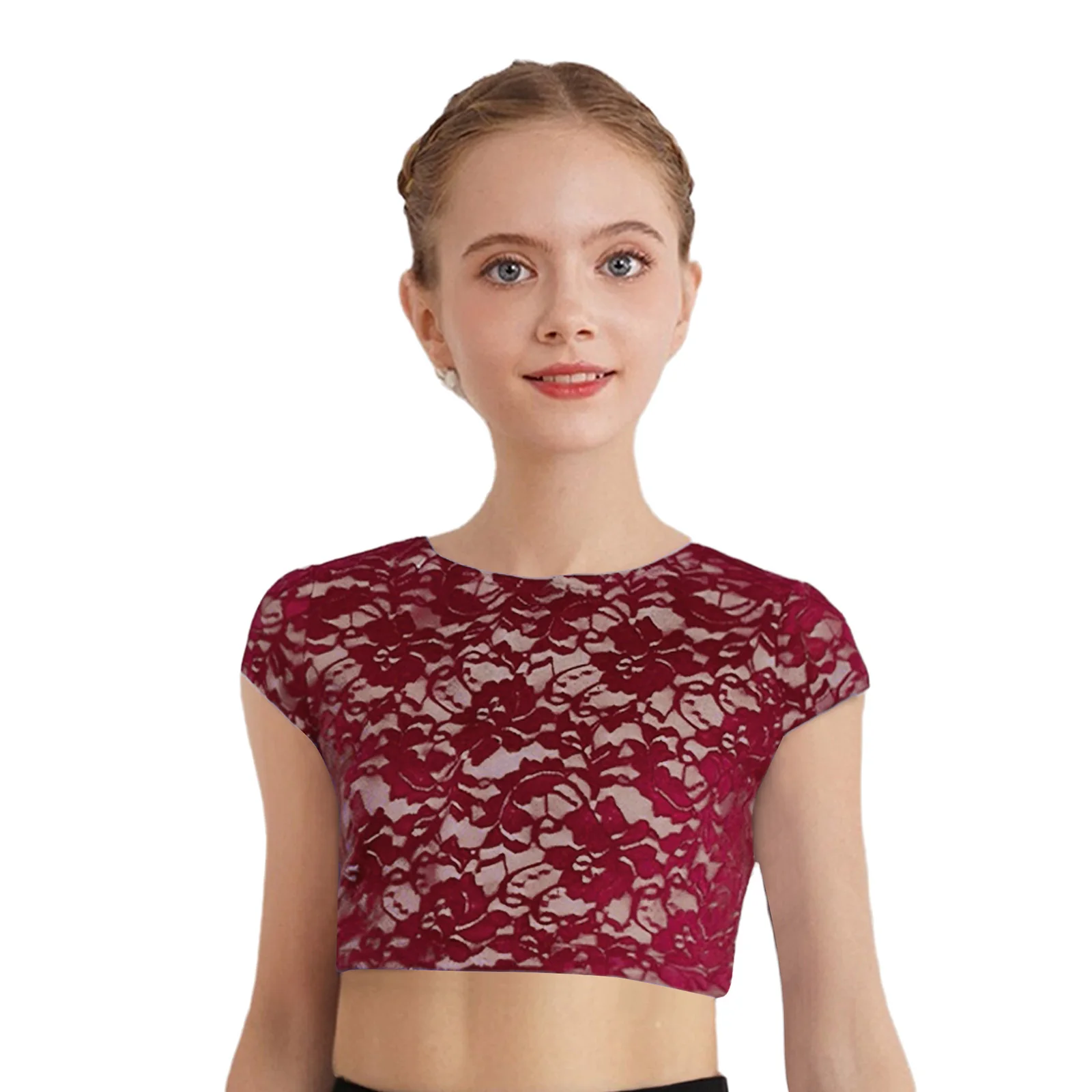 

Girls Jazz Costume Dance Floral Embroidery Lace Crop TopRound Neck Cap Sleeves V-Back Crop Top for Jazz Latin Dance Performance
