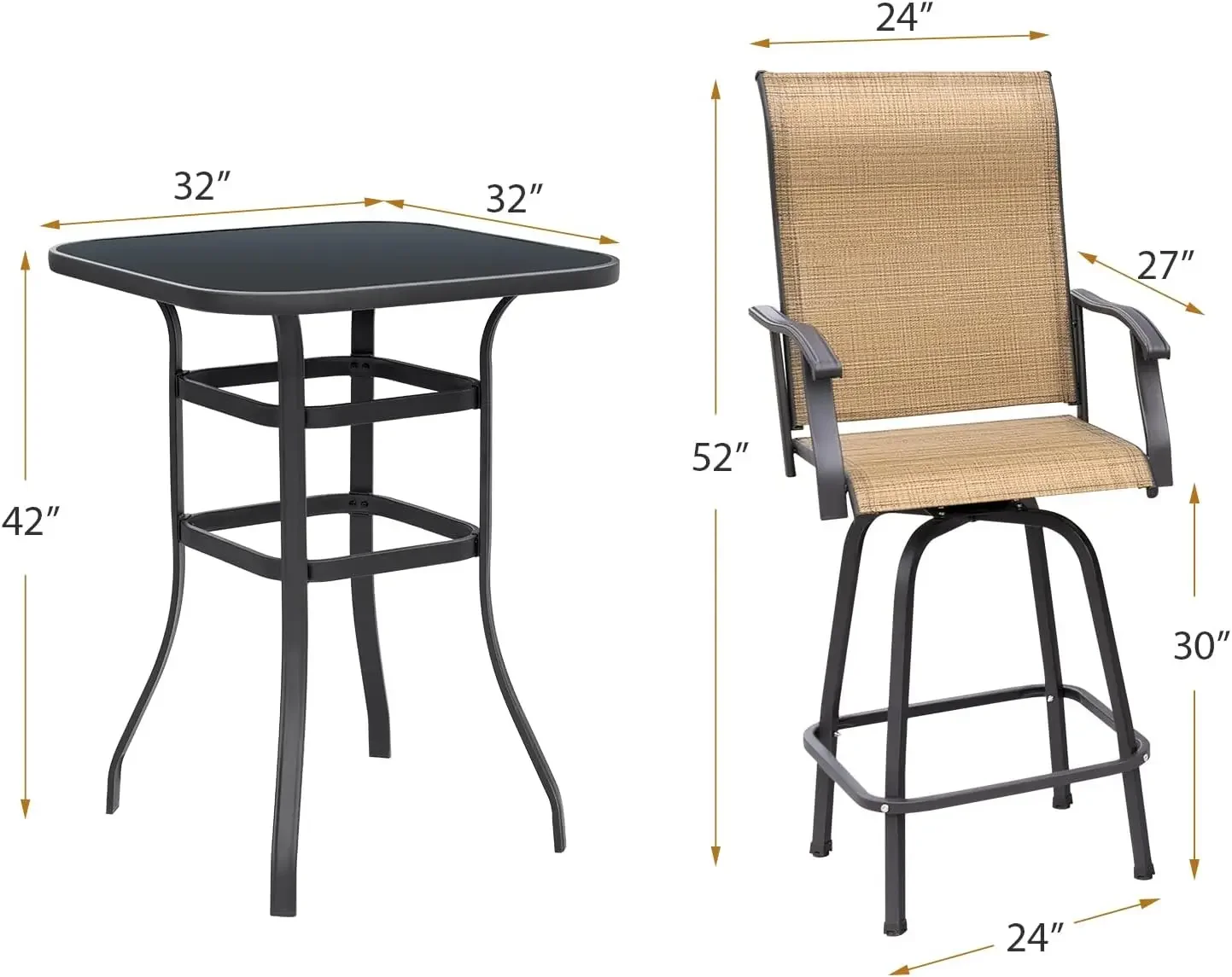 Patio Swivel Bar Set 3 Pieces Patio High Top Bar Table and Stools Chairs Set Textilene Sling Fabric Outdoor Bar Stools Set