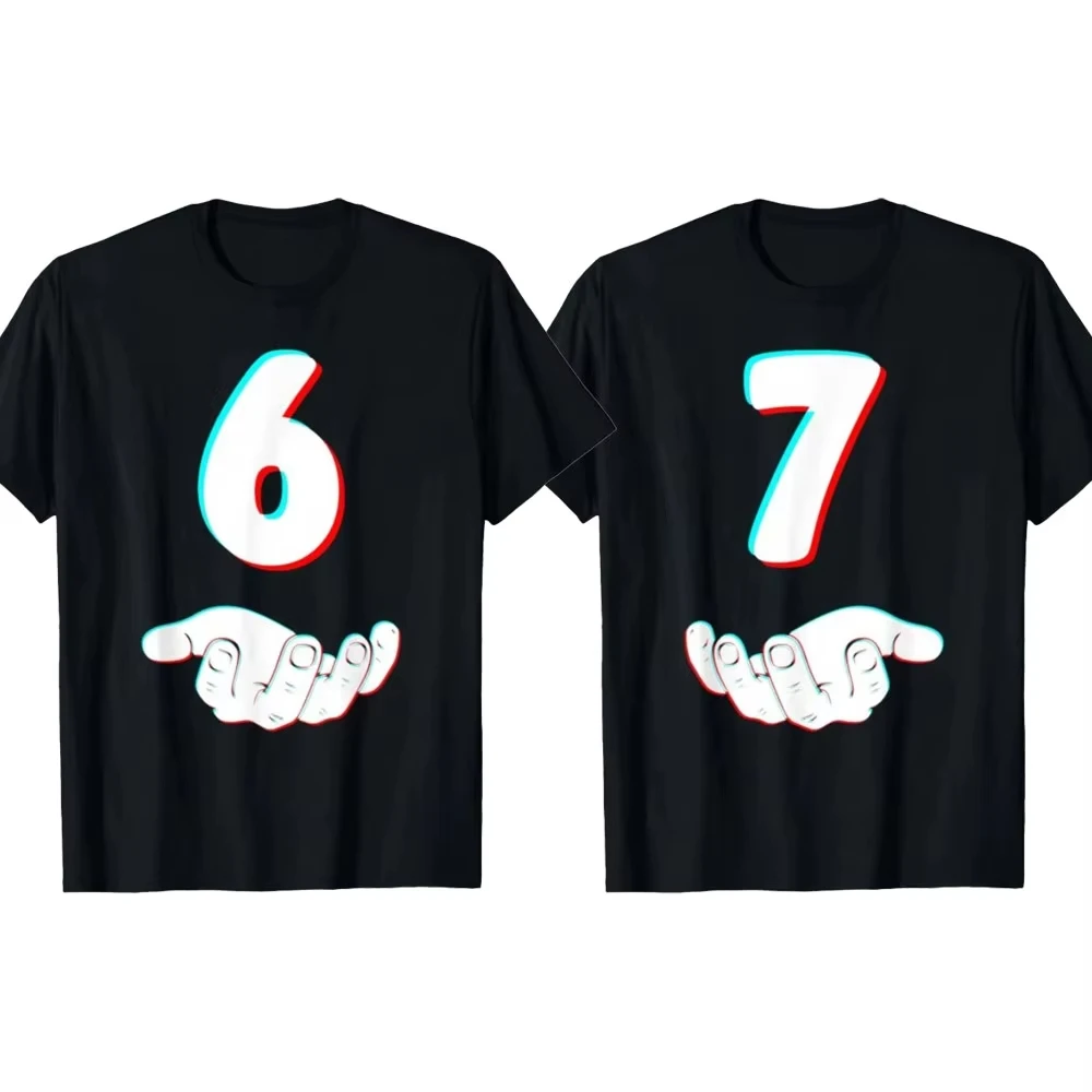 Funny 67 Six Seven Meme Couple Matching Printed T-shirt Men Women Cotton Casual Short Sleeve T-shirt Men's T-shirt Men's Clothe