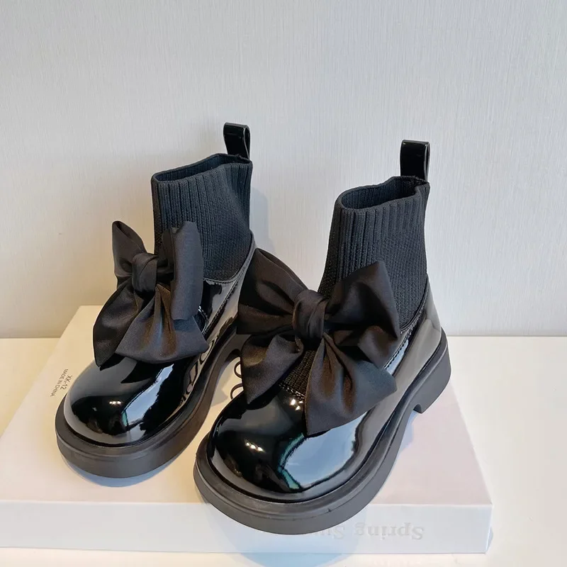 Children's Shoes Fashion Patent Leather Bow Girls' Leather Boots Autumn Winter New Children's Socks Single Boots E3632