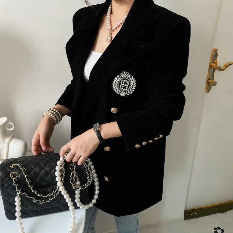 Chaqueta de Traje de Terciopelo con Letras de Diamantes de Imitación y Botones Dorados de Doble Hilera, Estilo Retro, Abrigo Casual de Negocios para Mujer