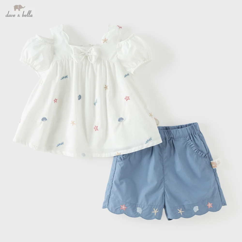 Dave Bella Children Pure Cotton Suits Girls Denim Shorts Set Summer Sweet Shirts Pant Casual Top Trousers Print Cool DB2261886