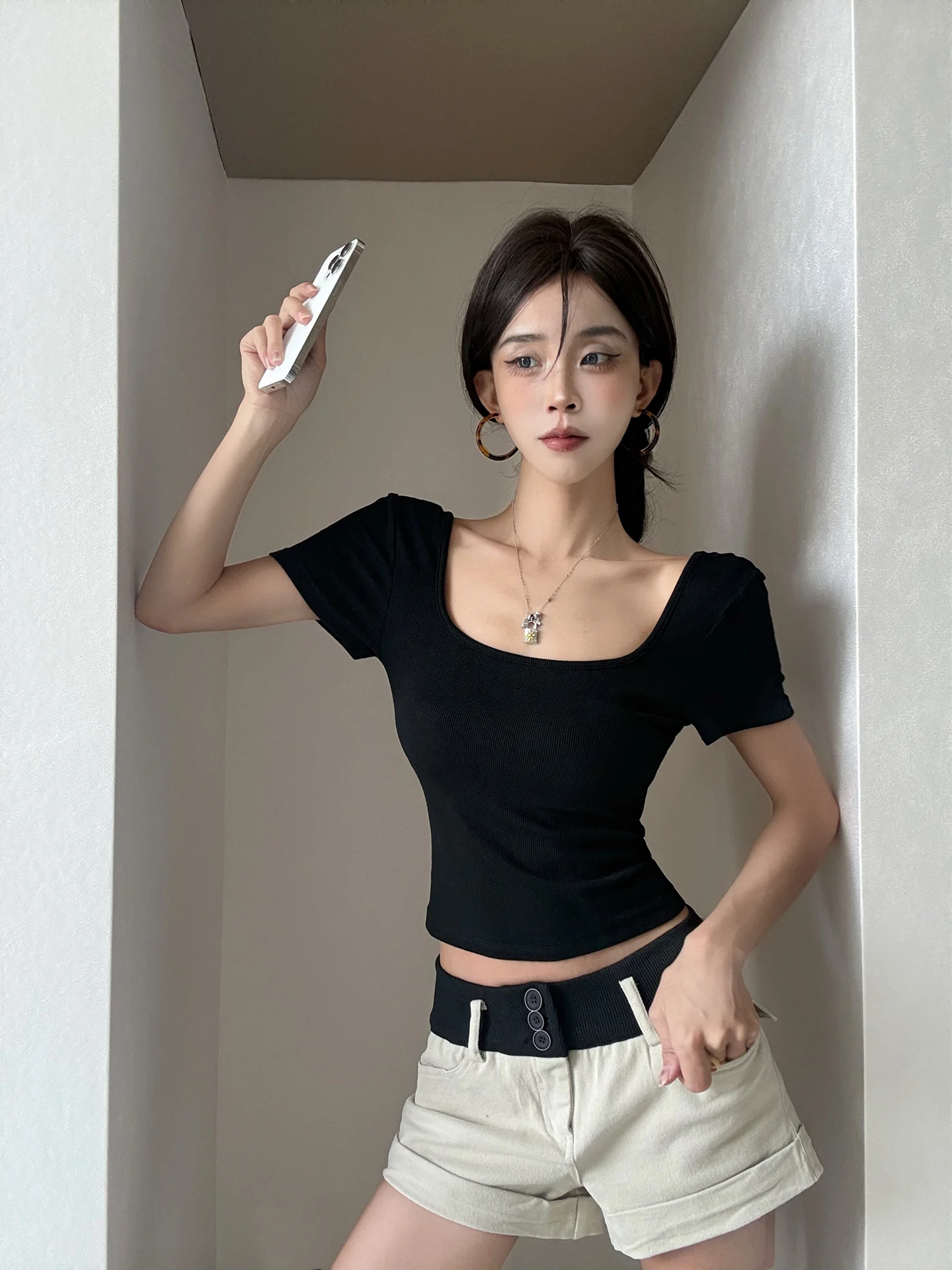MianCun Basic Square Collar Short Sleeve Slim Fit Short Length Belly Baring T Shirt Women Summer New Style Sexy Fashion Top