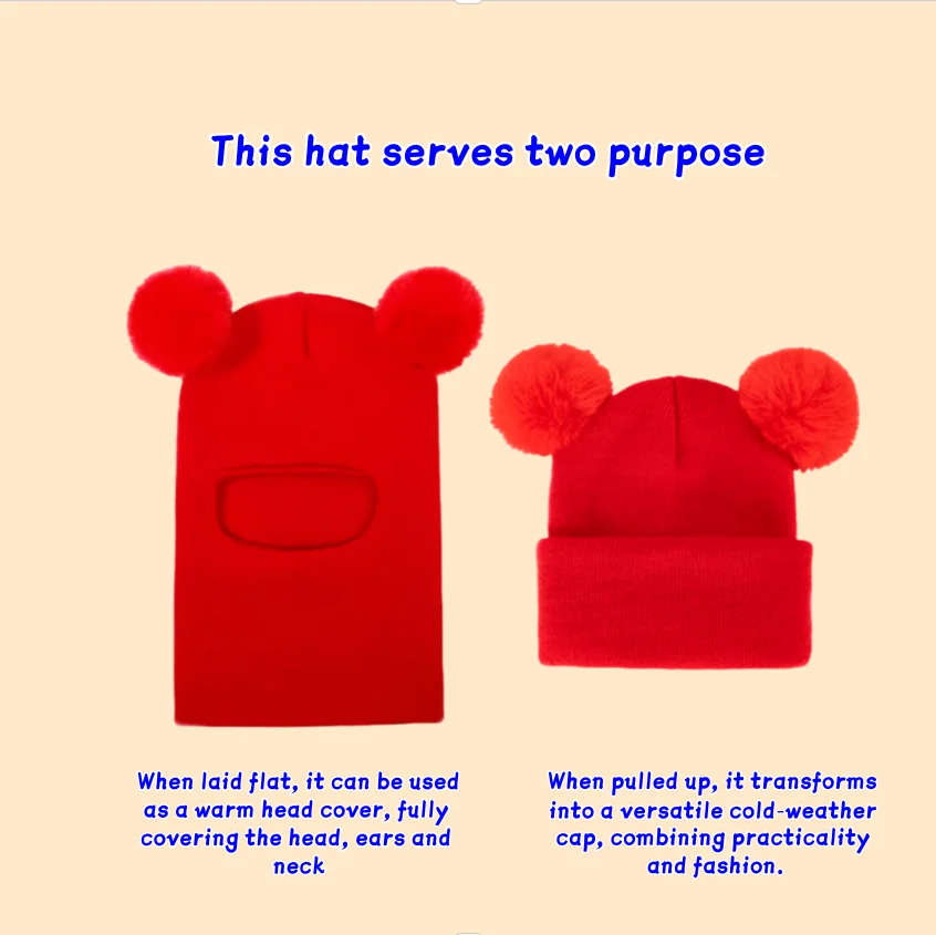 1 قطعة/2 قطعة قبعة شتوية للأطفال بغطاء للرأس من قطعة واحدة، مزودة بأجهزة حماية الأذن والرقبة، للدفء. قبعة محبوكة على شكل كرة مزدوجة