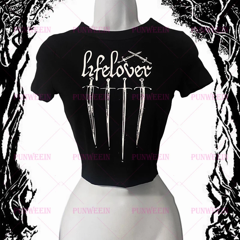 Lifelover Letter Print Vintage Harajuku Tank Top Gothic Y2k 90s hip hop T-Shirt sweetheart Graphic rock Streetwear Punk slim top