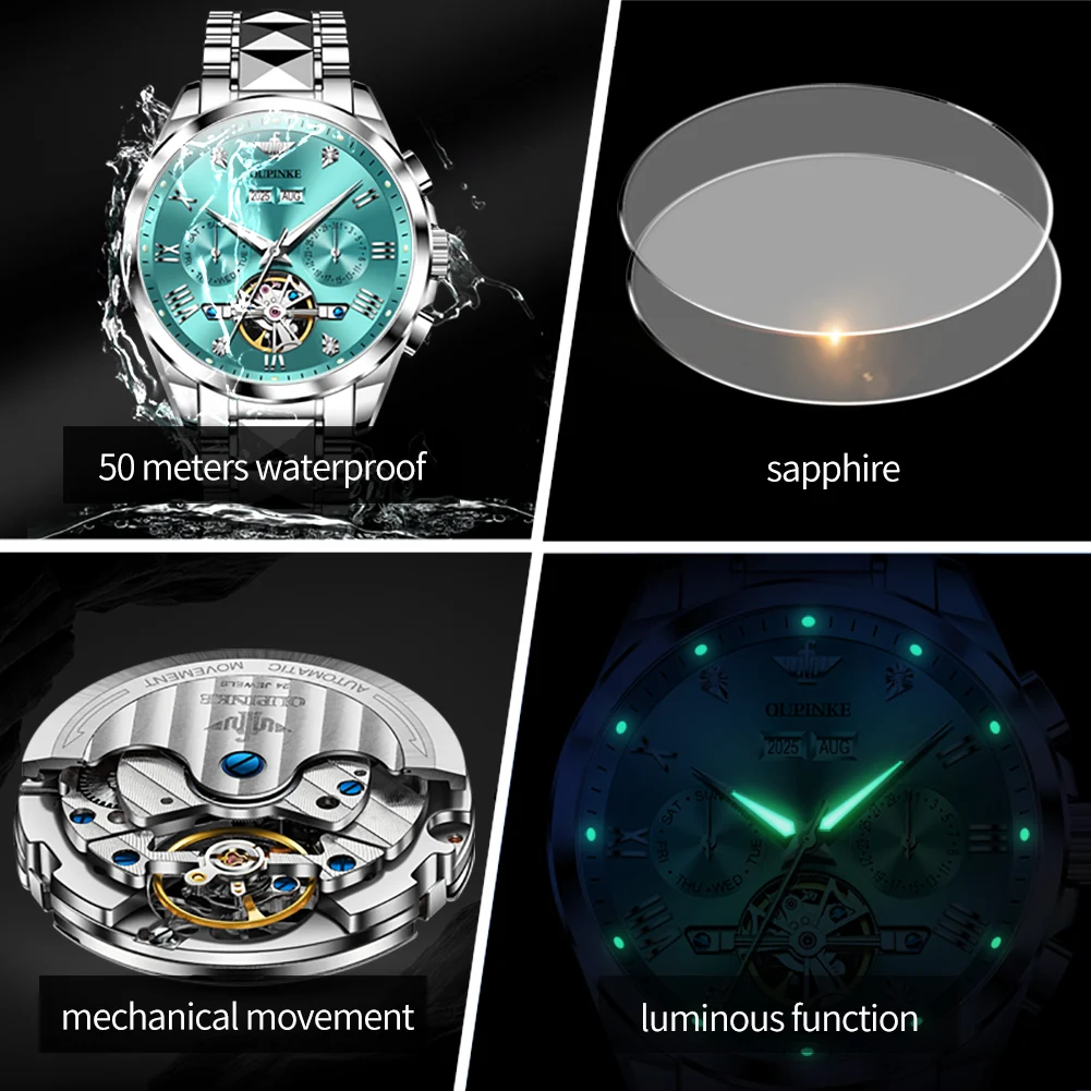 OUPINKE 3240 Skeleton Men's Watches 50m Waterproof Automatic Mechanical Watch Sapphire Luminous Date Tungsten Steel Brand Watch