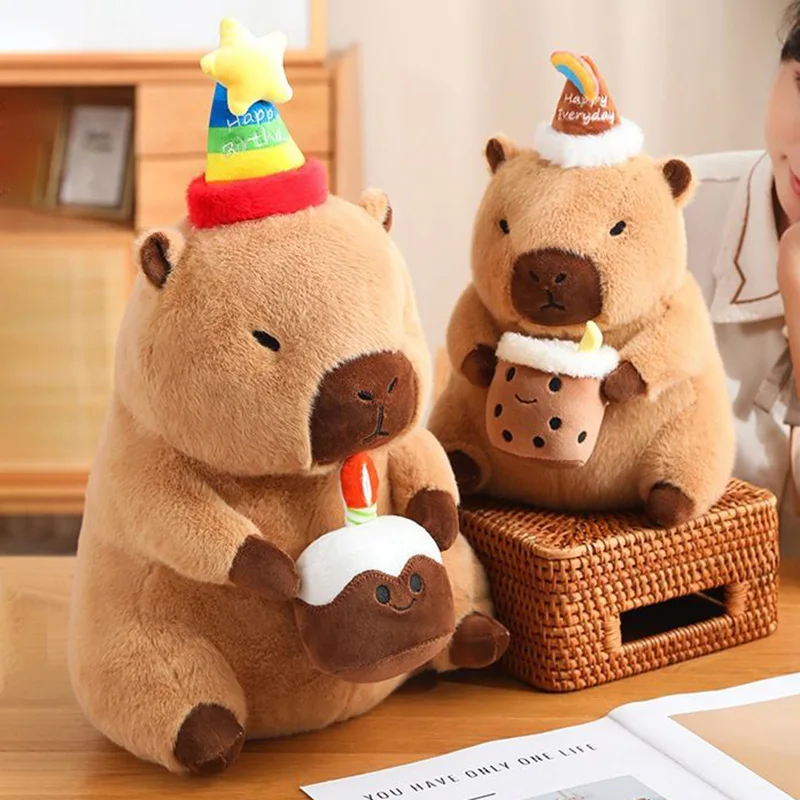 

Birthday Themed Capybara Plush Toy Set with Party Hat Cake Flower Soft Stuffed Animal Doll Decorative Gift for Celebration Girls