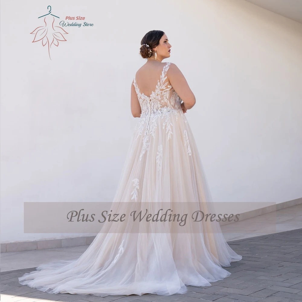 Vestidos de casamento clássicos A-Line Tulle, V-Neck, vestidos de noiva sem mangas, apliques botão traseiro, tamanho grande