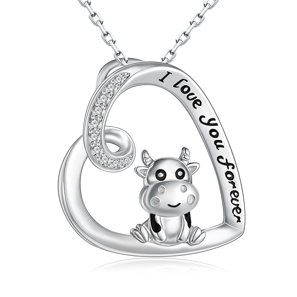 

925-Sterling-Silver Cute Animal Cow Heart Necklace Brithday Valentine's Day Jewelry Gifts for Women Girlfriend Girls Cow Lovers