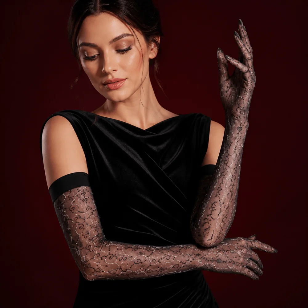 Floral Five-Finger Glove Sexy Oil Shiny Ultra Thin Sheer Gloves Silky Smooth Elastic Jacquard Glove for Women