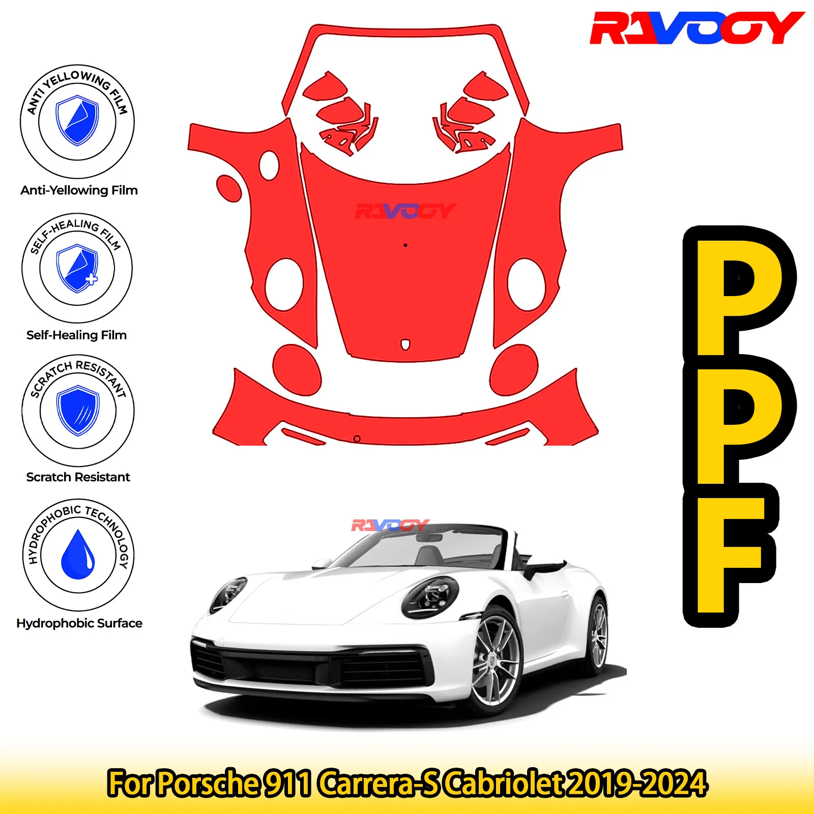 

For Porsche 911 Carrera-S Cabriolet 2019-2024 Glossy Matte Black Precut front PPF Kit Paint Protection Film