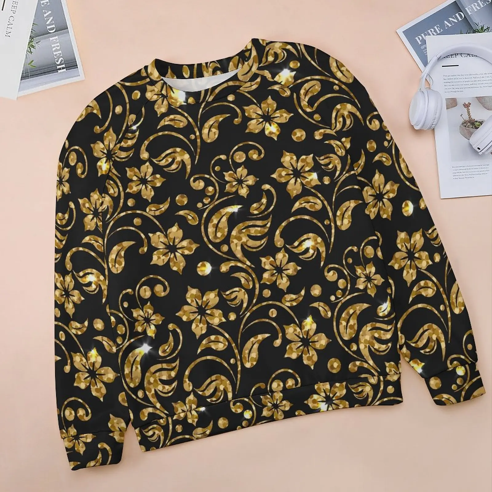 Retro Baroque Hoodies Gold Floral Street Fashion Oversize Hoodie Woman Long Sleeve Elegant Pattern Casual Sweatshirts