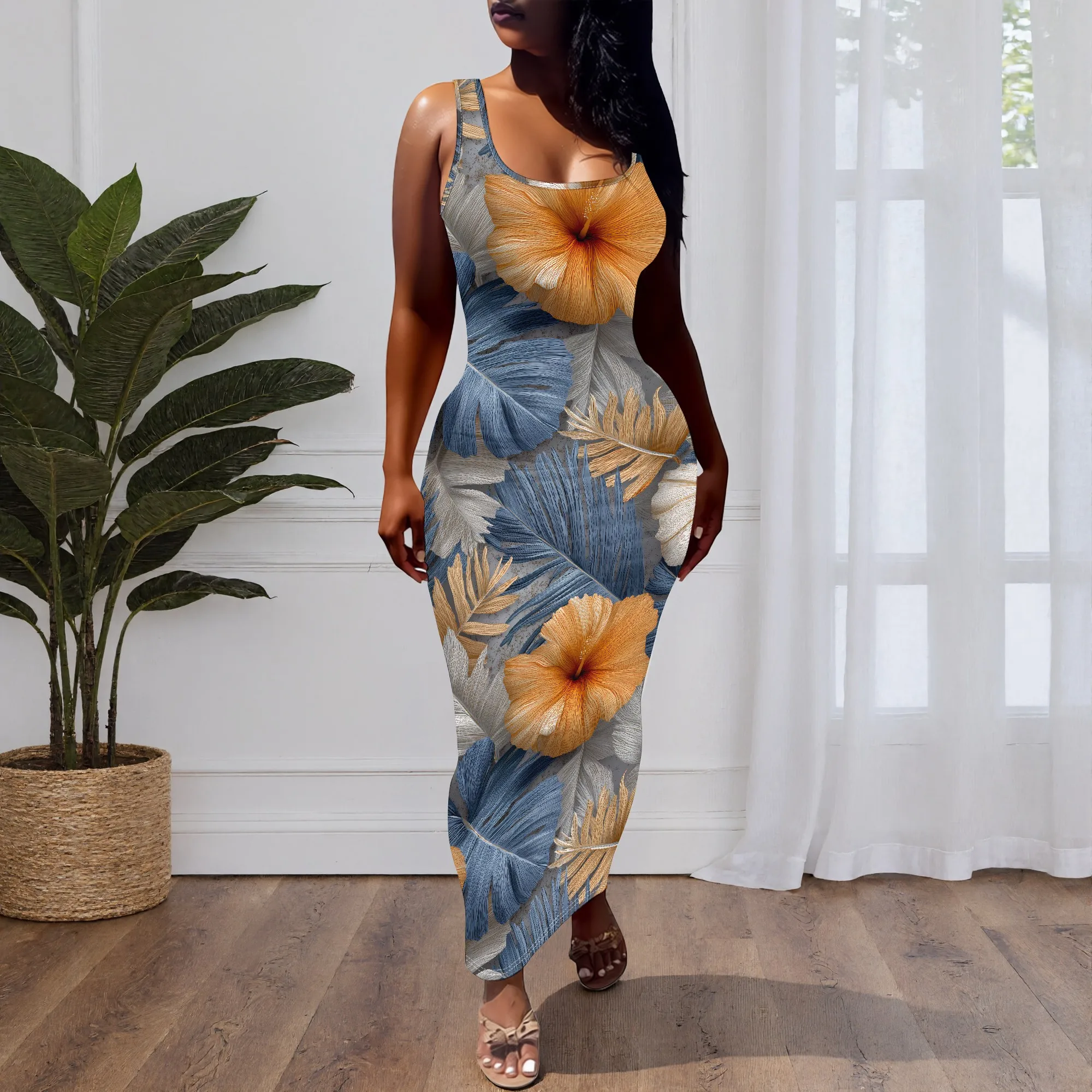 Floral Print Maxi Dress, Tropical Hibiscus Pattern Tank Dress, Summer Beach Vacation Sundress for Women, S-2XL