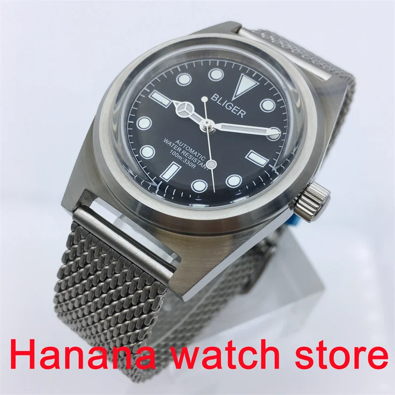 BLIGER 38mm caja esmerilada cúpula AR vidrio recubierto Vintage esfera luminosa negra 24 gemas NH35A PT5000 reloj mecánico automático para hombre