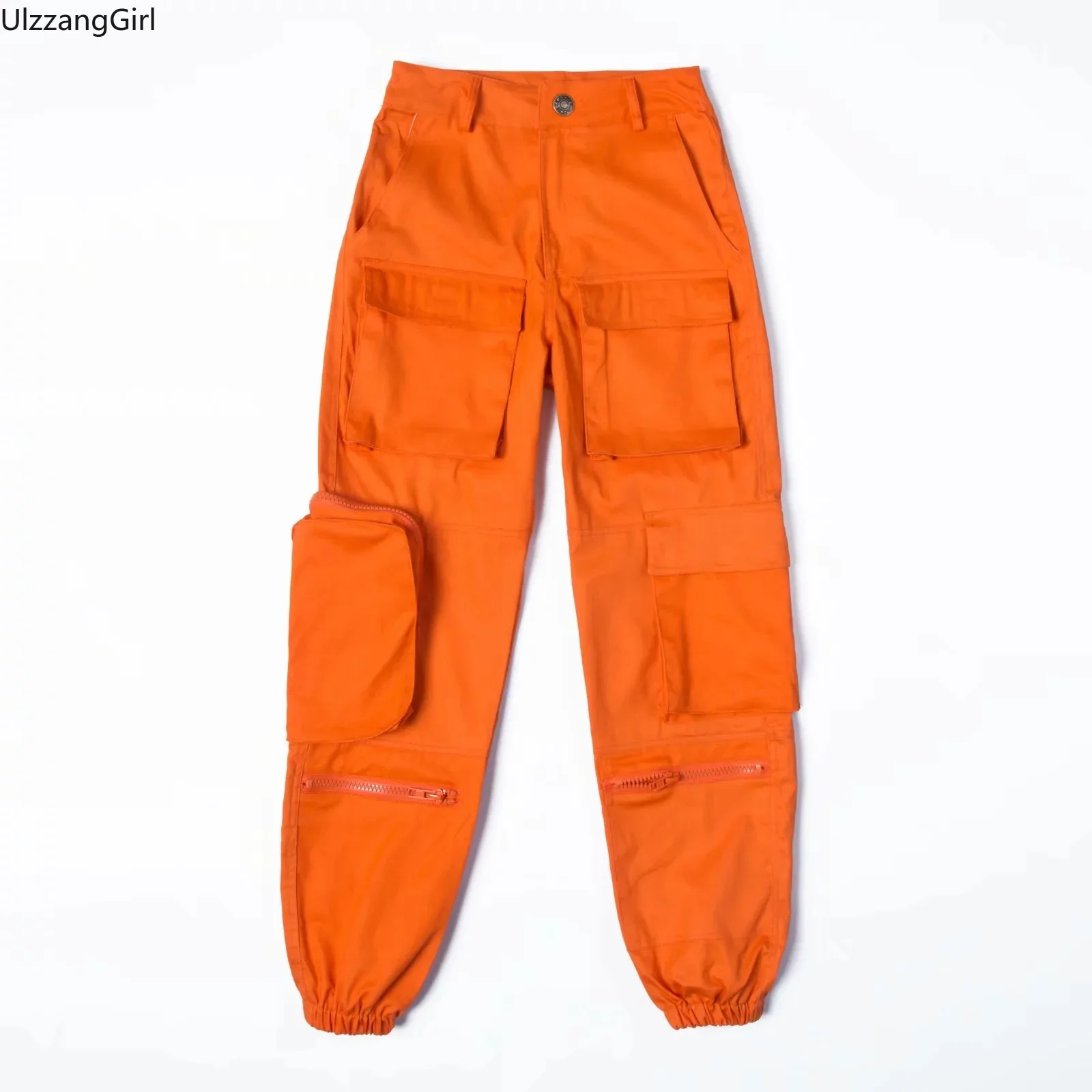 High Waist Side Multi Zip Pocket Cargo Jogger Pant Orange Black Harajuku Streetwear Women Fashion Tracksuit Trouser y2k techwear