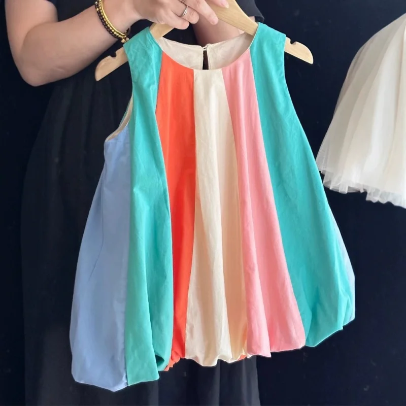 

26New Summer Girls' Color-Block Dress, Stylish Sleeveless Floral Dress for Baby Girls, Cotton Patchwork Color Tank Dress