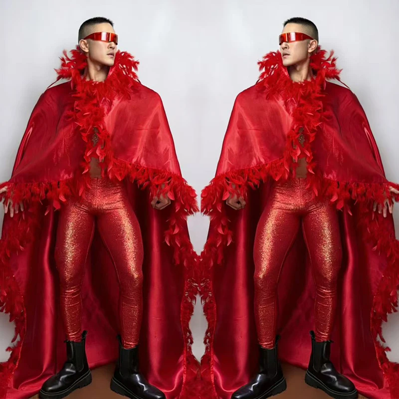 

Men Stage Costume Gogo Show Men's Outft Red Cloak Performance Stage Wear Festival Party Rave Clothing Carnival Costumes VDL5085