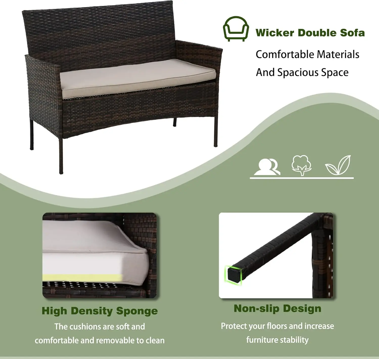 Set furnitur teras 4 buah, Set furnitur luar rotan, Sofa anyaman taman, dengan bantal lembut dan meja kaca