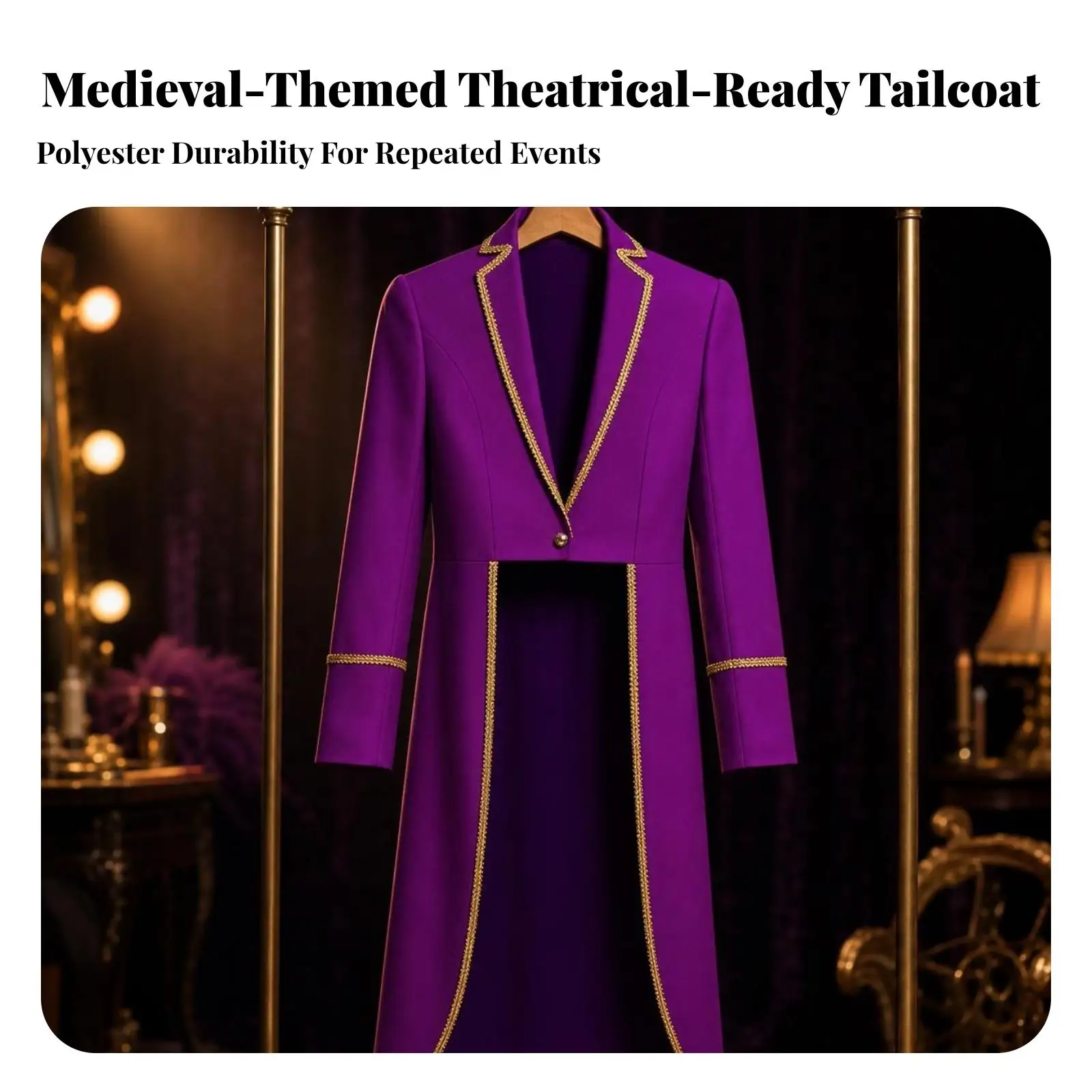 Men Retro Tailcoat Elegant Split Tail Formal Jacket with Gold Decorative Trim for Stage Acting and Party