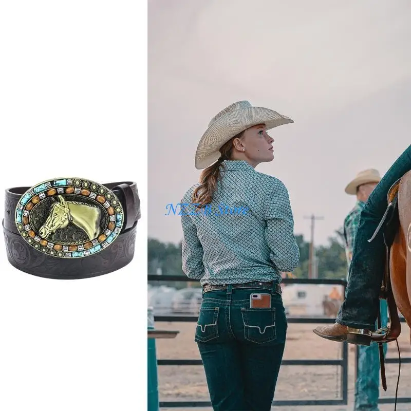 

T21F Unique Teens Retro Horse Head Buckle Belt Eye-Catching Adjustable Waist Straps