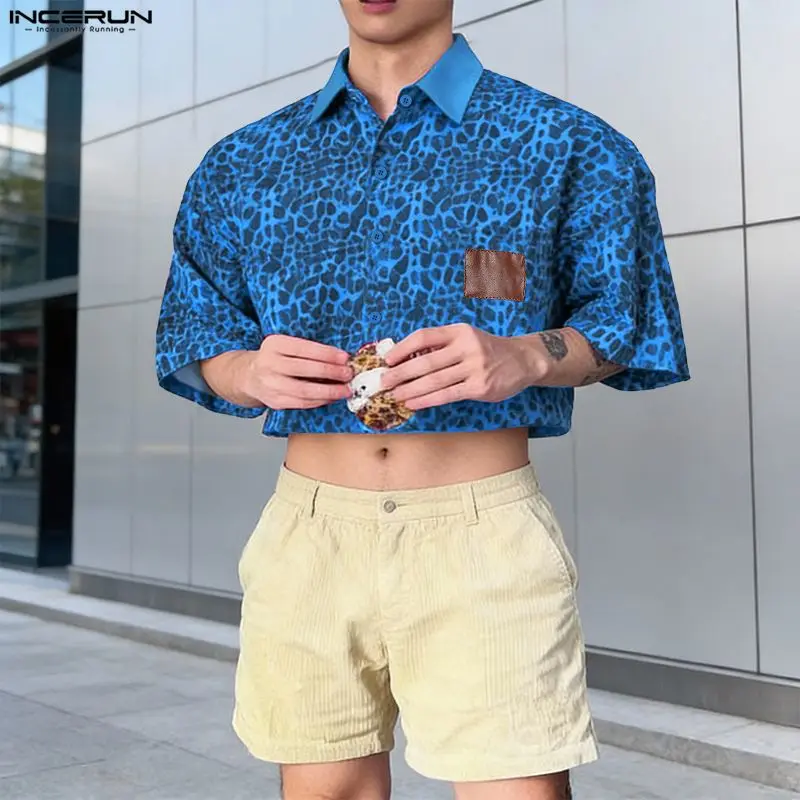 INCERUN Men's Crop Shirts Leopard Printing Patchwork Lapel Half Sleeve Tops Men Clothes Streetwear Loose Fashion Shirt For Man