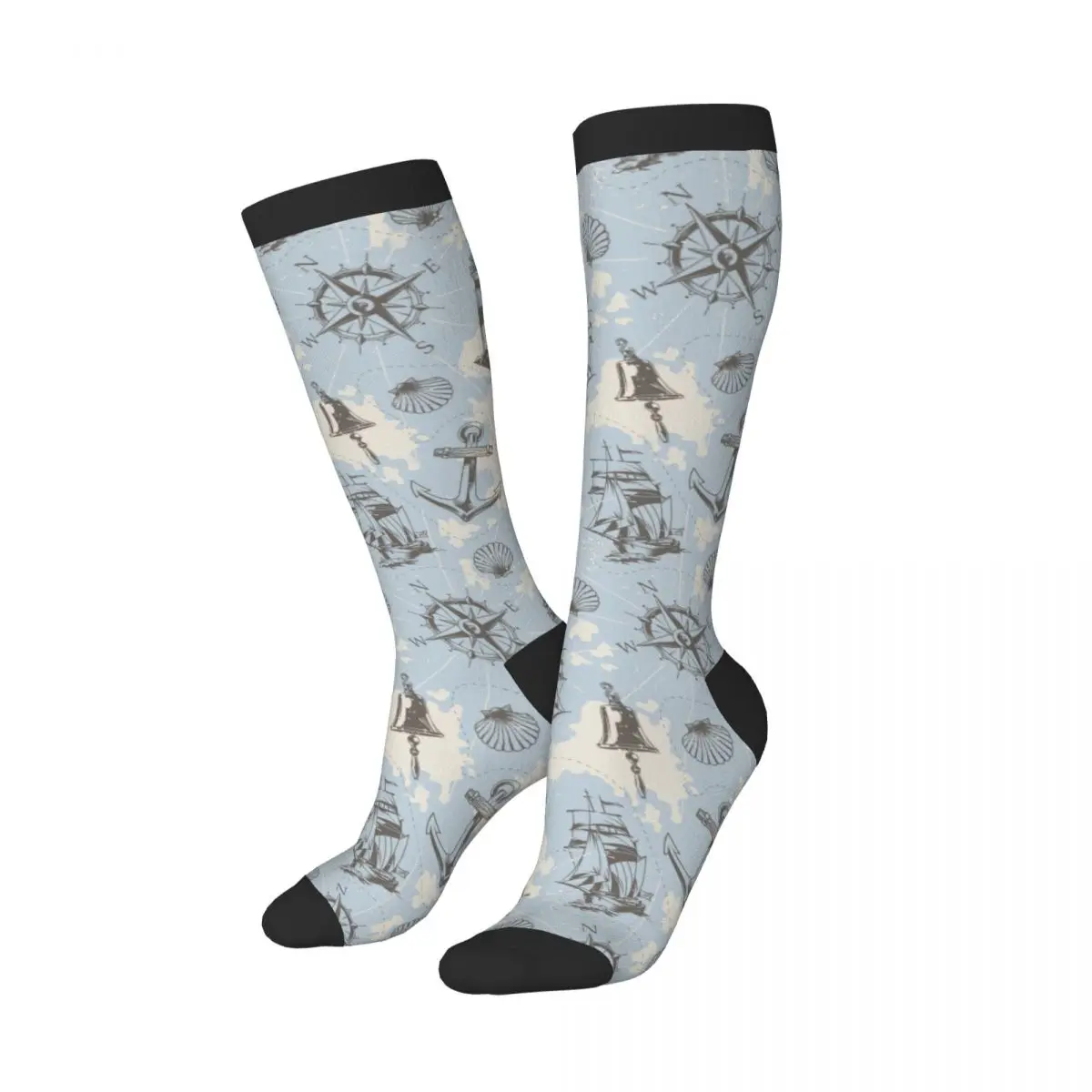 Casual Socks Vintage Nautical With Swordfish Ship Wheel Anchor Lighthouse Seashell Compass Long Socks Harajuku Business Socks