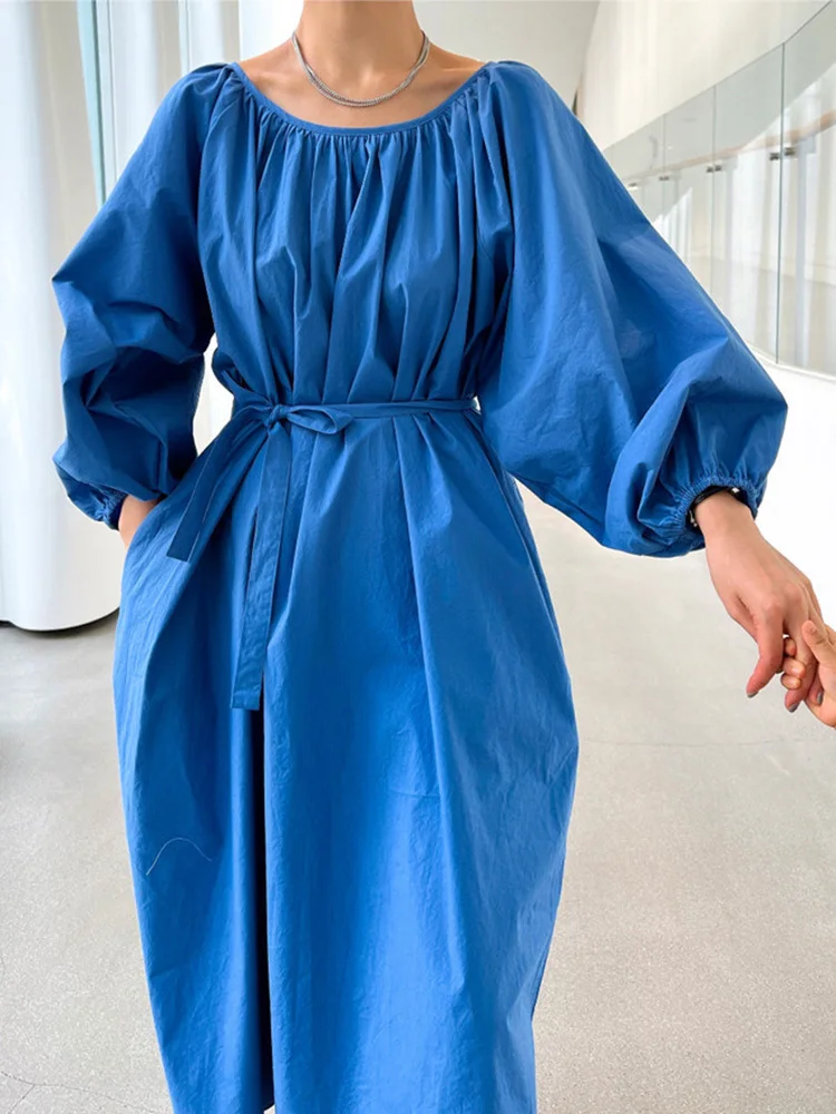 LANMREM Retro Puff Sleeves Belt Dresses For Women Round Neck Solid Color Casual Dresses Female Clothes 2023 Summer New  2YA2454