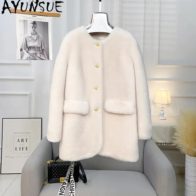 Casual AYUNSUE Sheep Shearing Jacket for Women Autumn Winter Mid-length 100% Wool Coat Round Neck Single-breasted Fur Coats