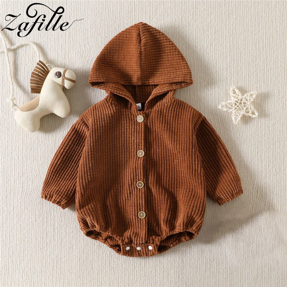 

ZAFILLE Solid Corduroy Infant Playsuit Winter Sleepwear For Newborns Boys Clothing Casual Baby Rompers Children Hooded Outfits