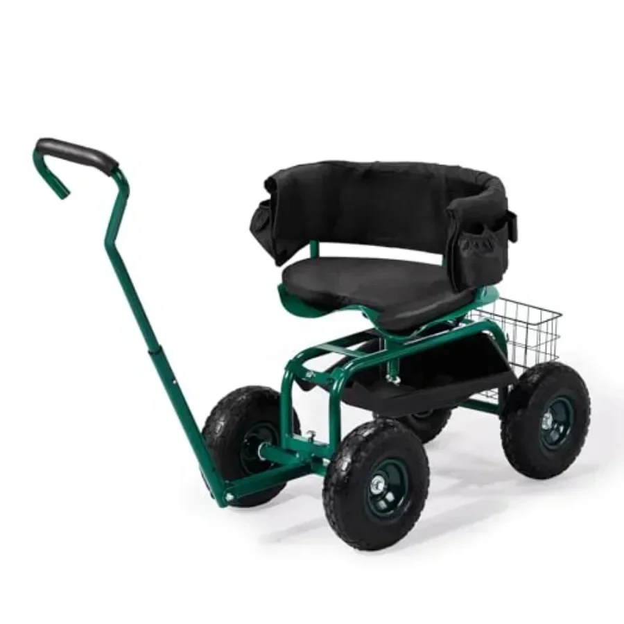 Garden Cart with Soft Rolling Seat, Wheels, Adjustable Steering Handle and Utility Tool Tray, Planting Wagon Scooter, Gardening