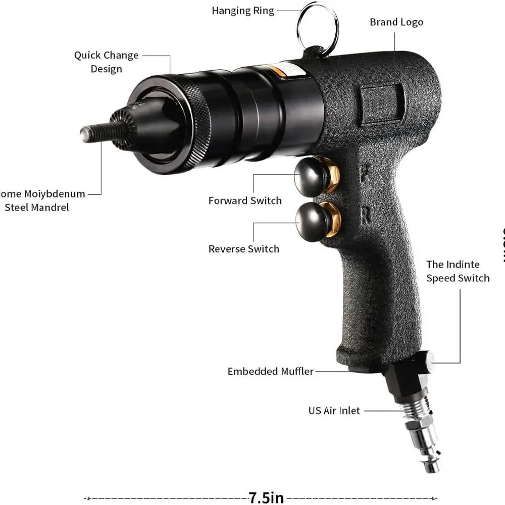 Rivet Nut Gun Tool, 10-24 & 1/4, 5/16, 3/8 inch Self-Locking Head, Heavy Duty Adjustable Speed Air Rivet Gun with Mandrels Rivet