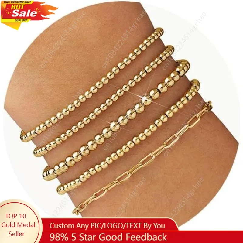 

Gold Beaded Bracelet for Women 14K Gold Plated Bracelets Gold Stretch Bead Ball Bracelets Hypoallergenic Stackable Bracelet Set